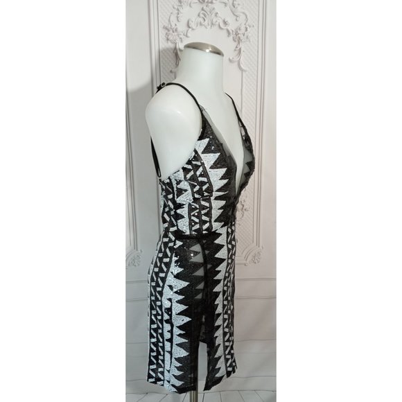 Geometric Deep Plunge V-Neck Sheer Split Bodycon Sequin Party Club Dress Sz M - Picture 4 of 9